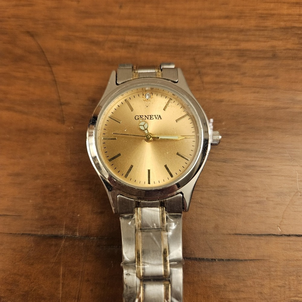 Geneva Silver Tone Metal w/Gold Tone Band Gold‎ Dial Watch Needs New Battery